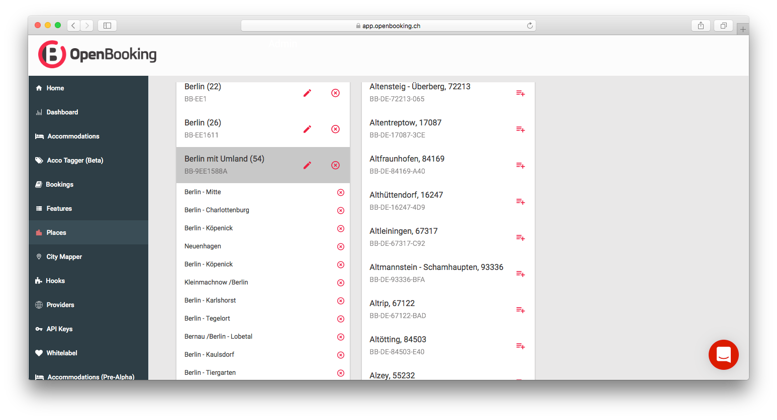 Dashboard region management (example from Germany)