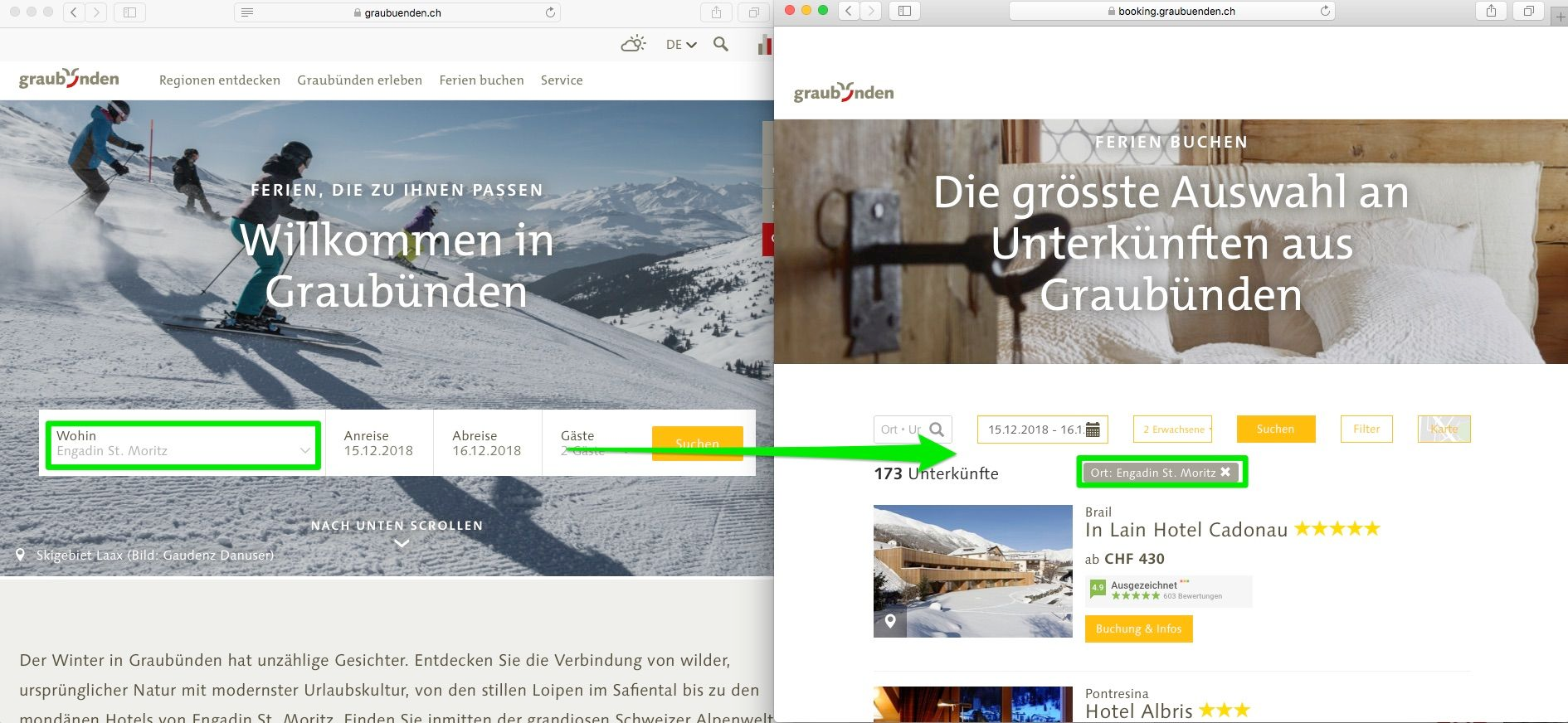 Example: Graubünden Ferien offers a convenient and ready-to-use region filter